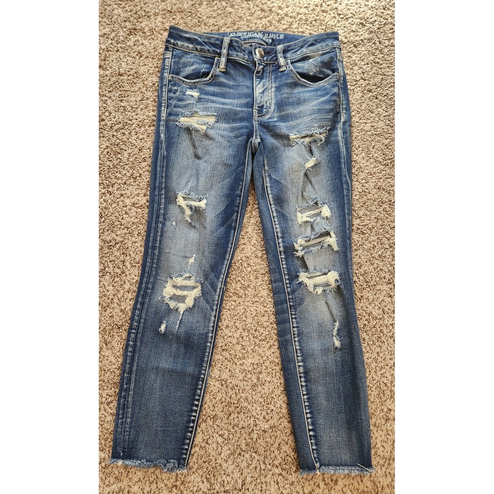 American Eagle Super Stretch Distressed Jegging Crop Jeans Blue Womens 6 Regular